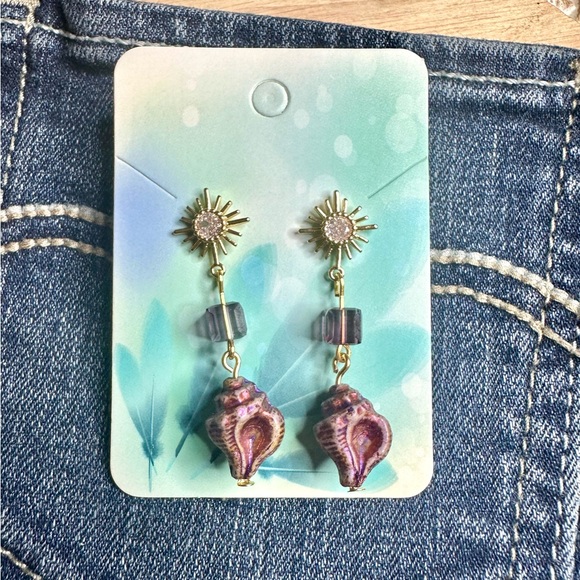 Hand crafted Purple beaded handmade Seashell beach Earrings - Picture 2 of 2